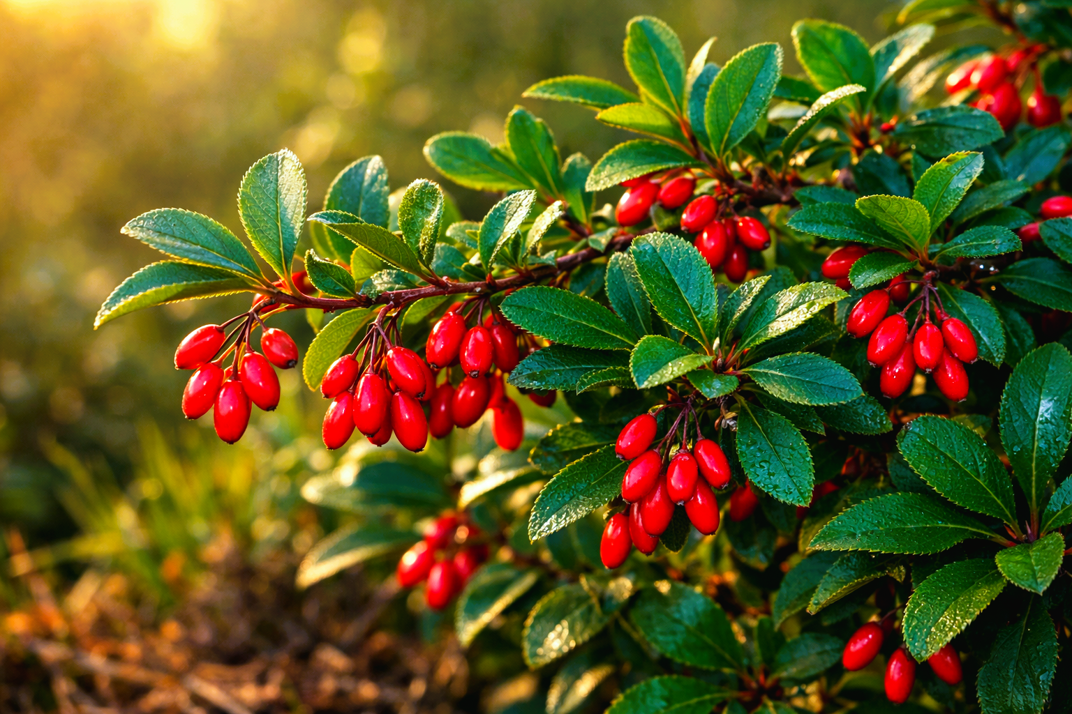 Berberina: Foglie verde intenso, lucide e serrate. Bacche rosso vivo, che richiamano immediatamente la potenza della pianta