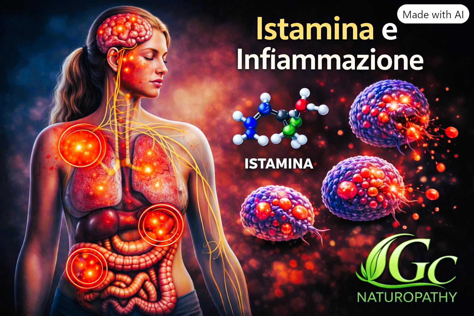 Illustrazione realistica del corpo umano che mostra le aree infiammate da istamina — pelle, intestino e sistema nervoso --
