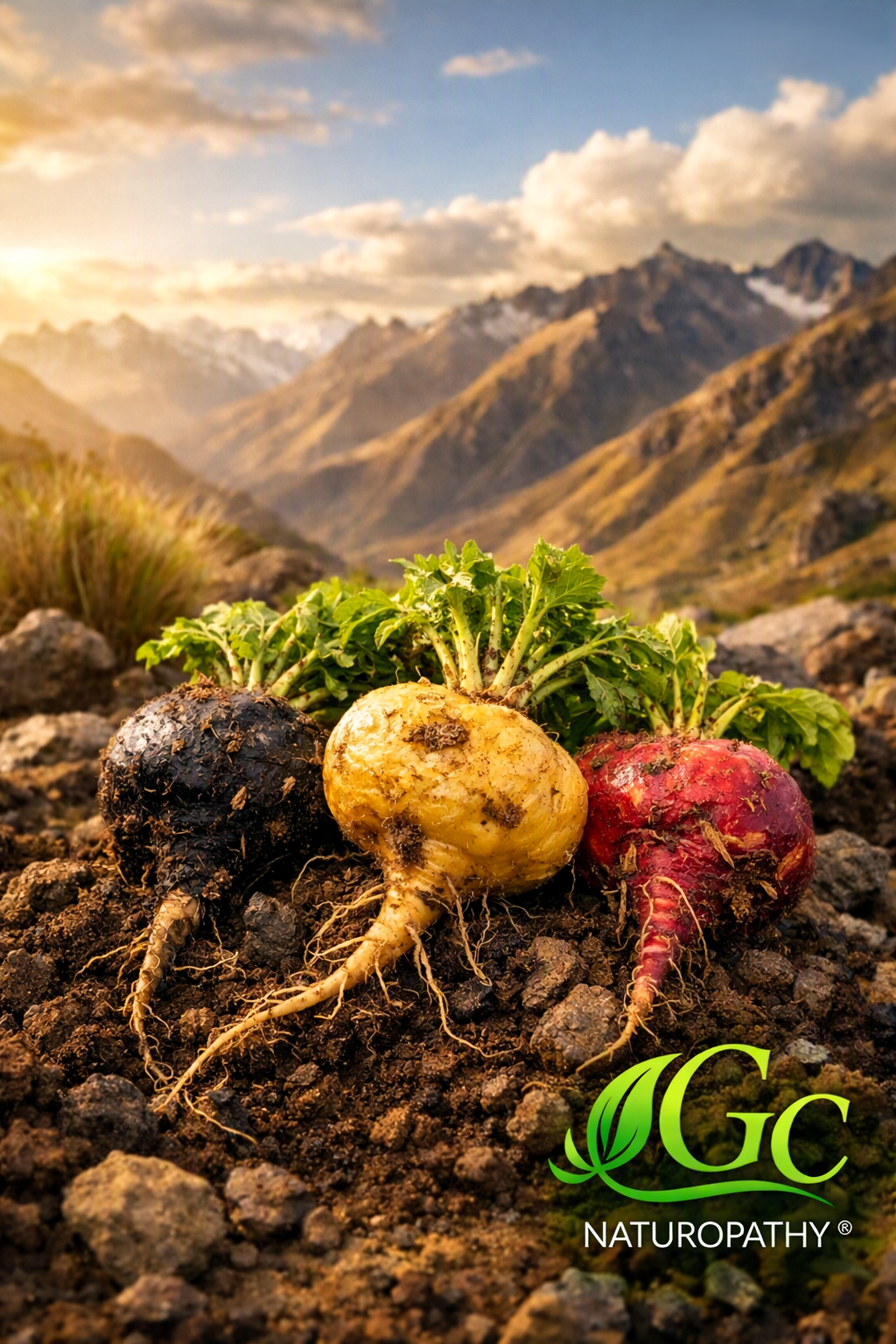 Radice di Maca andina. L'immagine mostra le tre varianti (nera, rossa, gialla) appena estratte dal terreno montano delle Ande